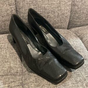 Stuart Weitzman Square Toe Faux Snake Leather Block Heels Black 9.5 AAA